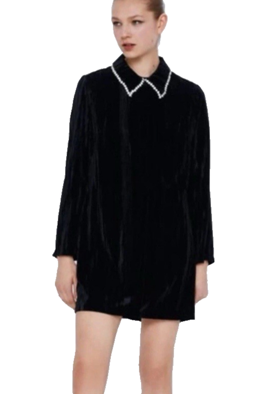 ZARA WOMENS M BLACK VELVET MINI SHIFT DRESS PEARL COLLAR LONG SLEEVE